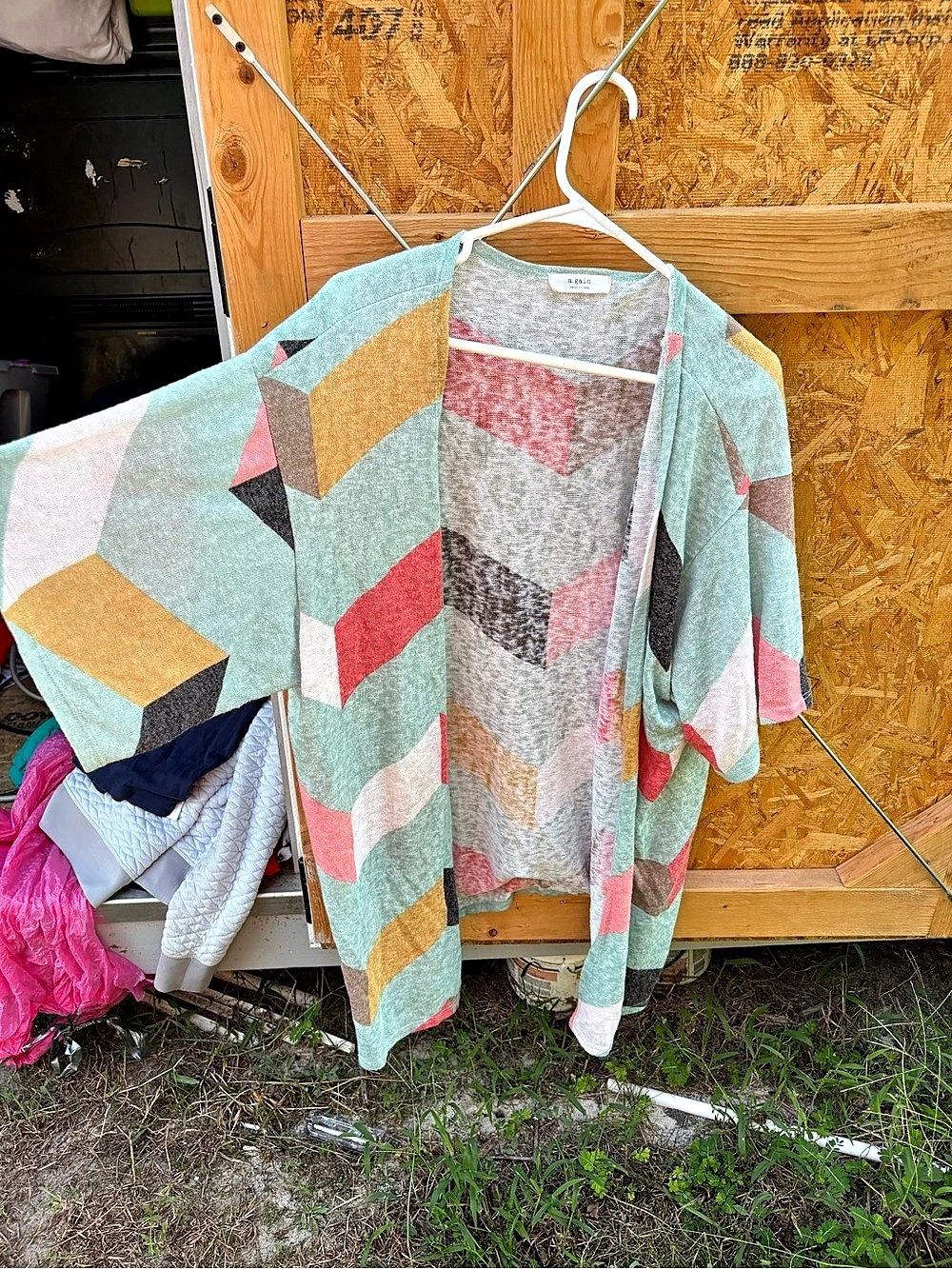 a.gain Geometric Open Front Cardigan Green & Pink Size Medium